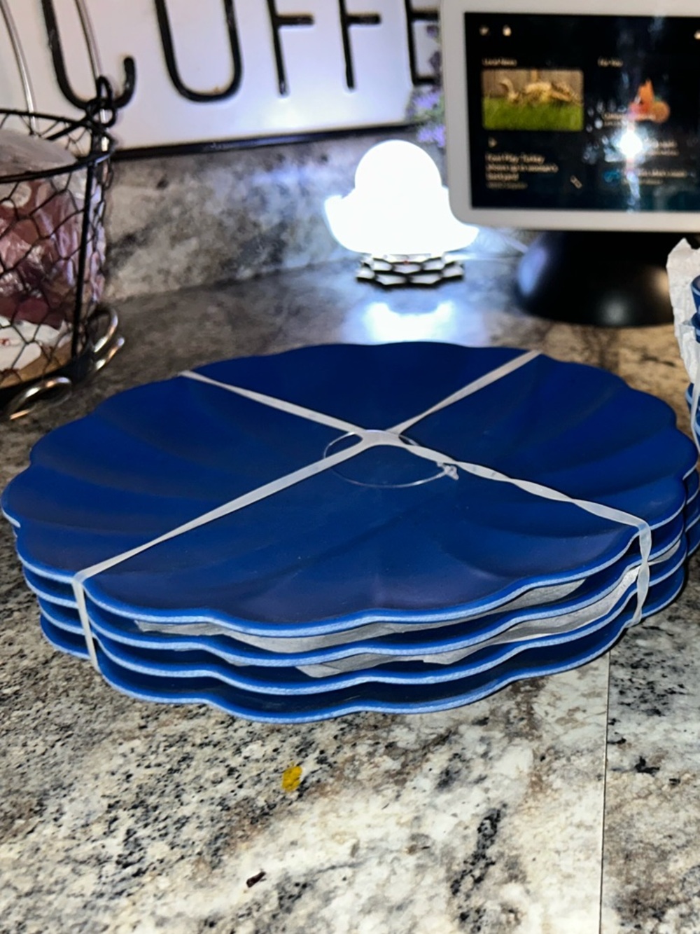 4 Blue Scalloped plate Set Melamine